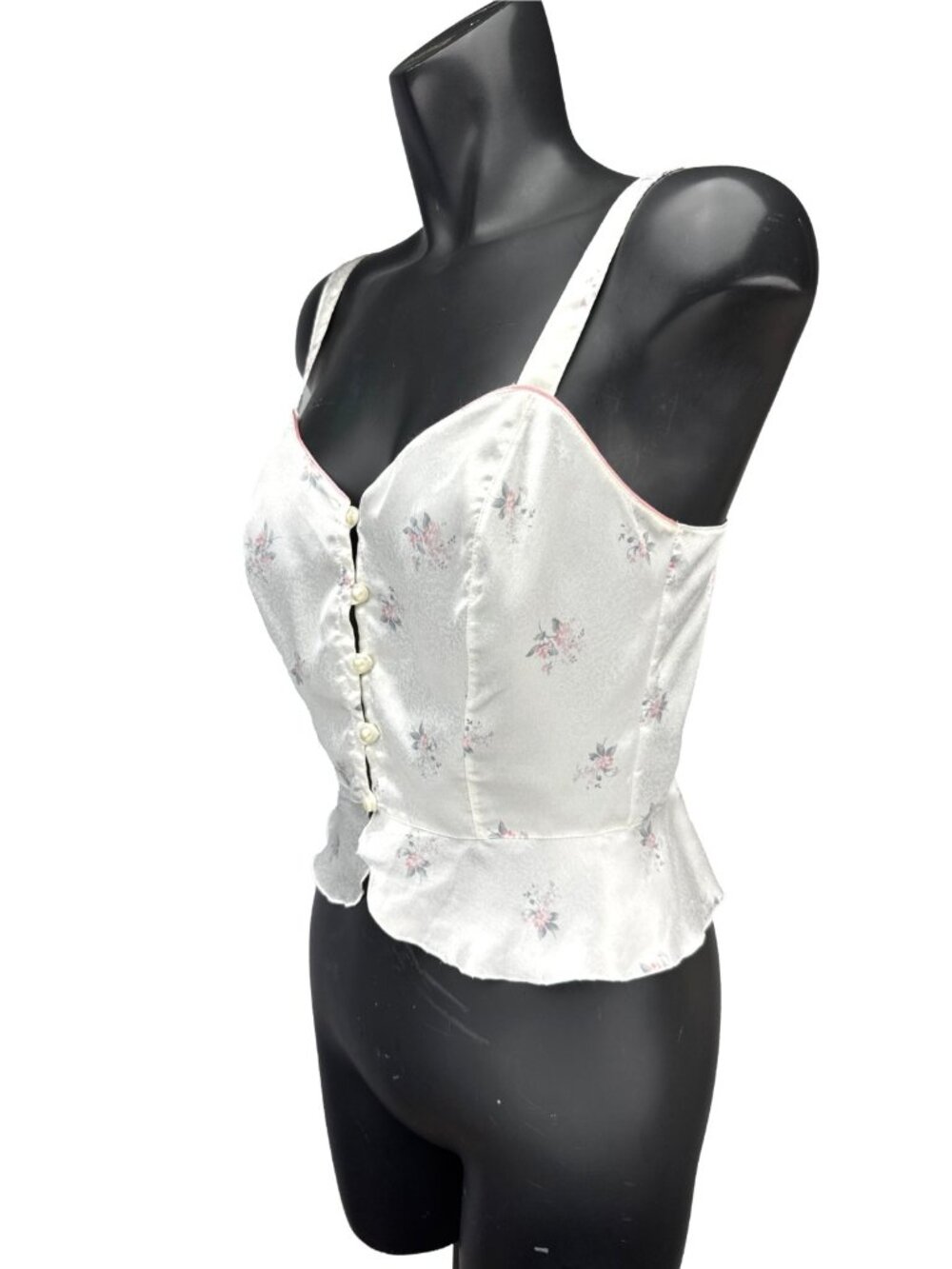 Vintage Peplum French Lingerie Floral Satin Romantic Button Up Cami Top Size S - Picture 3 of 7